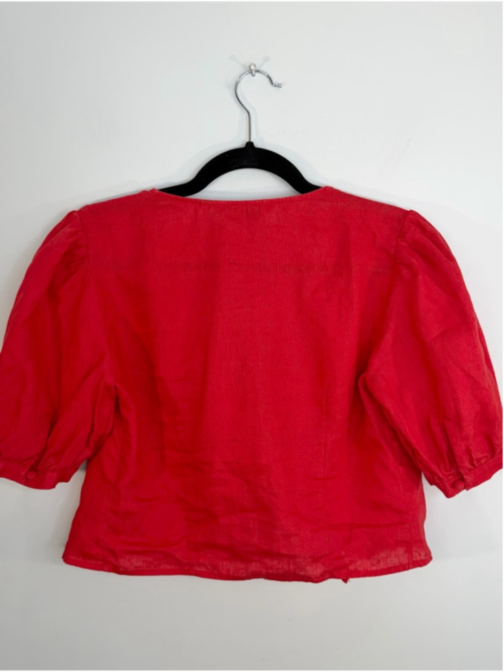 & Other Stories pure linen red cropped tie front knot puff sleeve top EU 38 - Picture 7 of 17